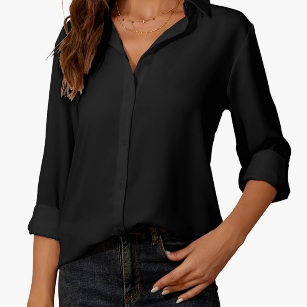 Brand New Chiffon Long Sleeve Button Down Shirt Blouse Wmn's V-neck Tops Black M